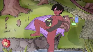 Femboy elf boy strokes his cock and cums in the forest bareback