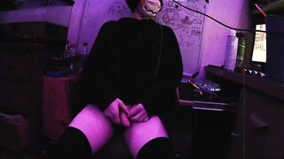 Femboy in knee highs jerks off to big cum shot moaning ASMR