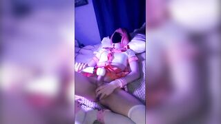 Femboy twink chokes on his big cock while grinding a vibrator raw