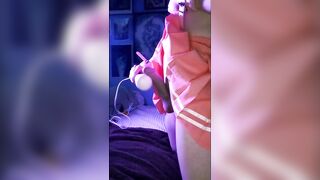 Femboy twink chokes on his big cock while grinding a vibrator raw