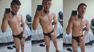 Amateur femboy in panties jerks off until huge cumshot floods screen