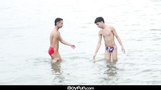 Gorgeous bareback twinks flip fuck after beach gangbang cum explosion