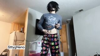 Skinny teen femboy gushes thick cum in solo nut session