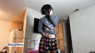 Skinny teen femboy gushes thick cum in solo nut session