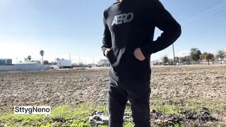 Twink bared his big cock in public being filmed naked outside