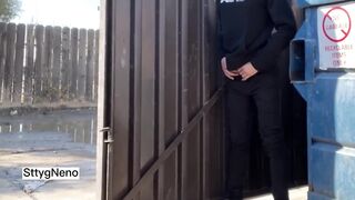 Twink bared his big cock in public being filmed naked outside