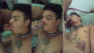 Master destroyed my sopping femboy throat while he facefucked my tiny hungry cock