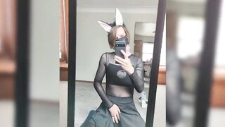 Femboy ass stuffed with big cock gushing cum facing mirror while jerking off