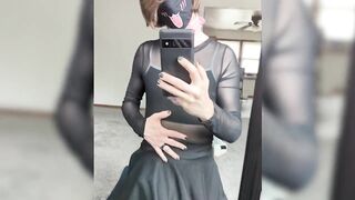 Femboy ass stuffed with big cock gushing cum facing mirror while jerking off