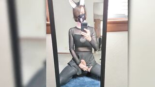 Femboy ass stuffed with big cock gushing cum facing mirror while jerking off