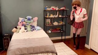 Femboy schoolgirl strips out of her mini skirt and fingerfucks her tight hole before gushing cumshots