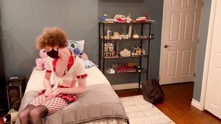 Femboy schoolgirl strips out of her mini skirt and fingerfucks her tight hole before gushing cumshots
