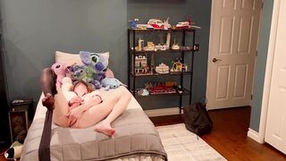 Femboy schoolgirl strips out of her mini skirt and fingerfucks her tight hole before gushing cumshots
