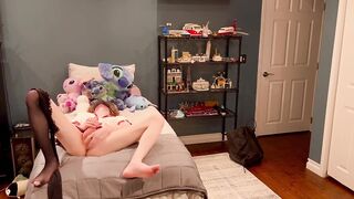 Femboy schoolgirl strips out of her mini skirt and fingerfucks her tight hole before gushing cumshots