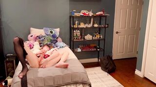 Femboy schoolgirl strips out of her mini skirt and fingerfucks her tight hole before gushing cumshots