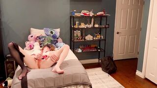 Femboy schoolgirl strips out of her mini skirt and fingerfucks her tight hole before gushing cumshots