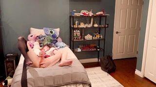 Femboy schoolgirl strips out of her mini skirt and fingerfucks her tight hole before gushing cumshots