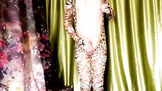 Cute boy leopard suit gushes thick cum while moaning in gay solo play