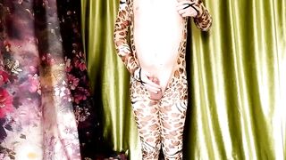 Cute boy leopard suit gushes thick cum while moaning in gay solo play