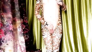 Cute boy leopard suit gushes thick cum while moaning in gay solo play