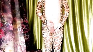 Cute boy leopard suit gushes thick cum while moaning in gay solo play