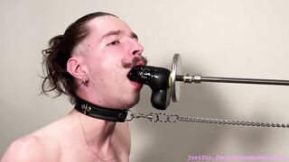 Femboy deepthroats huge cock gagged by fuck machine