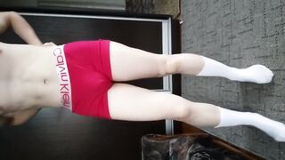 Musclebound twink twinks his cute femboy ass in college gym shorts