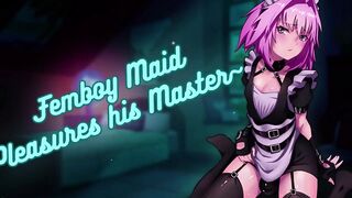 Femboy maid strokes his tight hole while moaning for his master