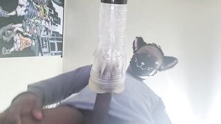 Black catboy gushes thick cum deep in fleshlight alone