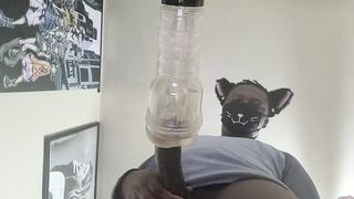 Black catboy gushes thick cum deep in fleshlight alone