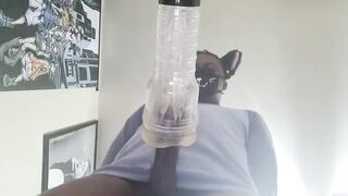 Black catboy gushes thick cum deep in fleshlight alone