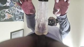 Black catboy gushes thick cum deep in fleshlight alone