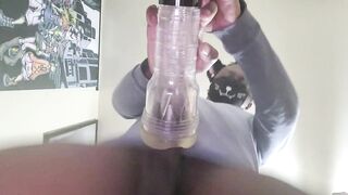 Black catboy gushes thick cum deep in fleshlight alone