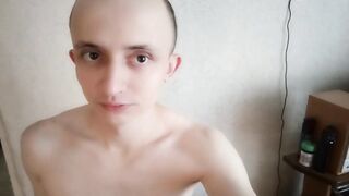 Skinny twink jerks off and gushes a little load then pees on glass