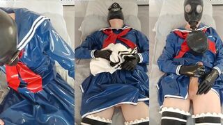 Gas mask sailor breathplay in latex stockings and maid dress