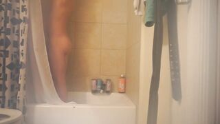 Femboy teases his cock strokes it twice then showers shaves and cums again massive loads