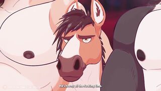 Horny Masked Horse Gags on Pulsing Cock in Rough Furry Threesome