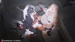 Horny Masked Horse Gags on Pulsing Cock in Rough Furry Threesome
