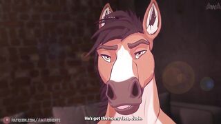 Horny Masked Horse Gags on Pulsing Cock in Rough Furry Threesome