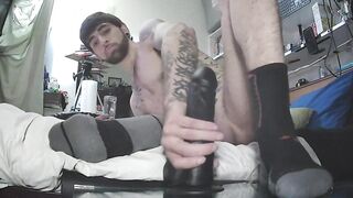 Giant Black Dildo DP Wrecks Bearded Jocks Dripping Gaping Hole