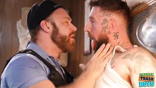 Cop Gags on Troy's Massive Inked Cock Then Gets Bareback Destroyed