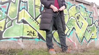 Femboy Bare Ass Gushes Cum Drenching Public Graffiti Wall
