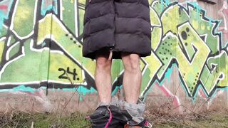 Femboy Bare Ass Gushes Cum Drenching Public Graffiti Wall