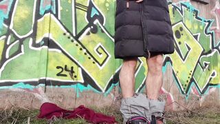 Femboy Bare Ass Gushes Cum Drenching Public Graffiti Wall