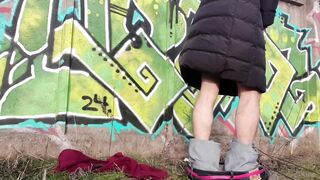 Femboy Bare Ass Gushes Cum Drenching Public Graffiti Wall