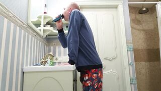 Bald Hunk Shaves Balls Pisses Strokes Massive Wood Cum Gushes Wild