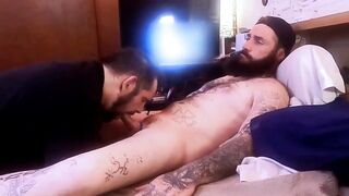 Tattooed Biker Daddy Chokes Cum Hungry Fag on Gushing Cock Explosion