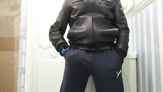 Leather Daddy Walks Home Jacks Big Shaved Cock Mega Cum Gush