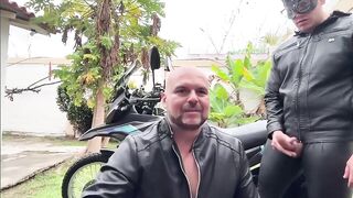 Masked Leather Stud Dumps Huge Creampie On Bike Outdoors
