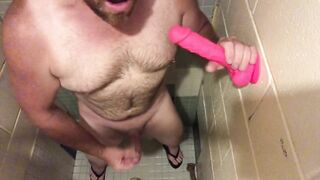 Horny Daddy Gags on Suction Dildo Jerks Gushing Load in Public Shower